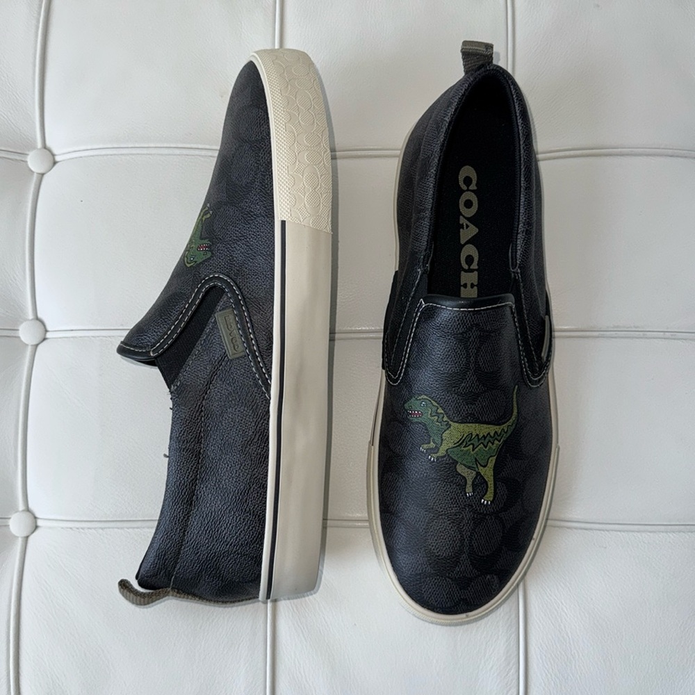 Coach Black and Green Slip-On Sneakers with Dinosaur Design - Picture 3 of 11